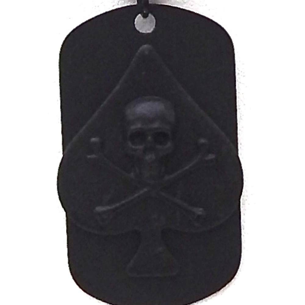 SKULL & BONES SPADE DOG TAG WITH CHAIN SHOWN